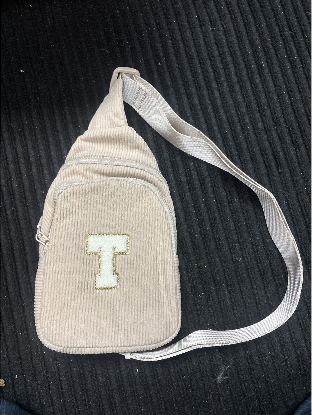 Beige Corduroy Initial T Sling Bag Crossbody Fanny Pack Chenille Patch New